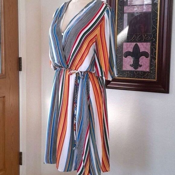 Fraiche by J, Multicolor stripes, wrap top, Short Sleeve dress - Picture 5 of 16